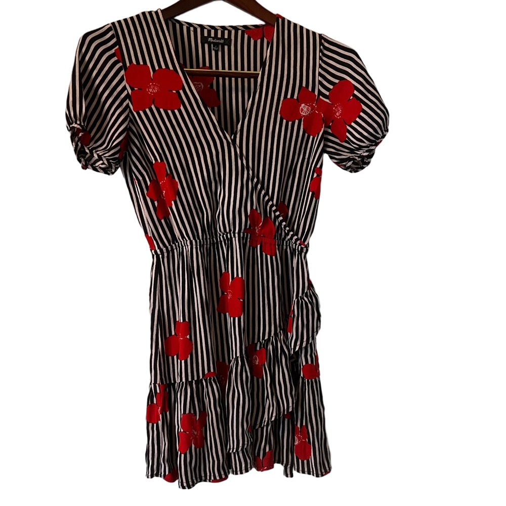Madewell Black and White Striped Faux Wrap Dress with Red Floral Accents 2